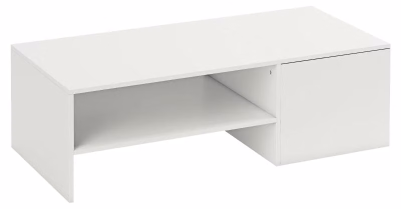 Tavolino Moonbite, dimensioni 110 x 52 cm, con piano scorrevole, guide metalliche, vano nascosto, ripiano aperto, piano in laminato, capacità di carico 30 kg, colore bianco