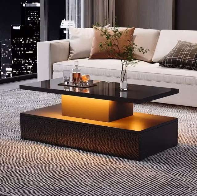 Tavolino da caffè 100x50x39 cm; LED dimmerabile con vano aperto e cassetto; truciolare nero
