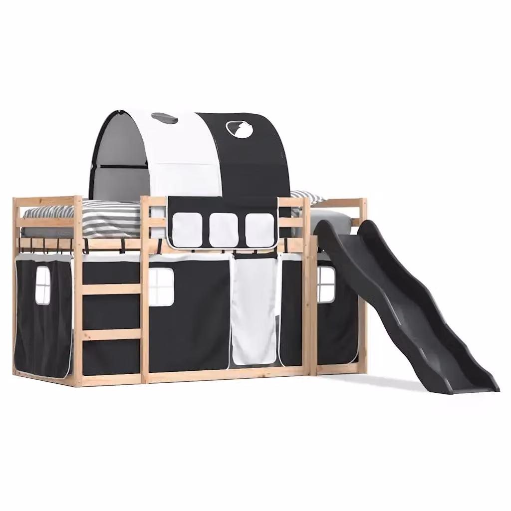 Letto a castello per bambini vidaXL in legno di pino con scivolo e tende, Bianco, Nero e Antracite, L/P/H: 200 x 80 x 113 cm – 2