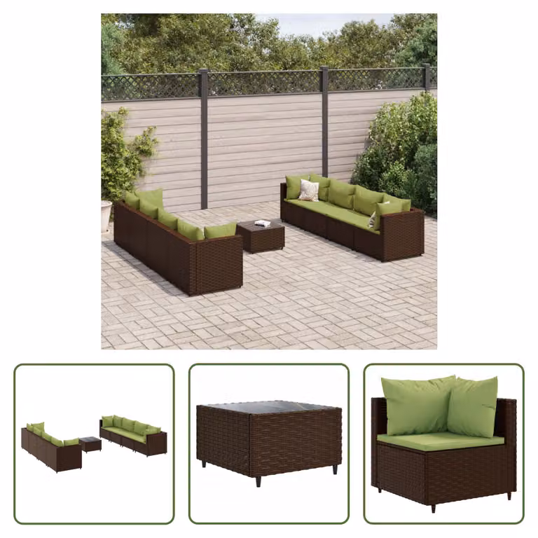 The Living Store Set 9 pezzi da giardino con cuscini in poly rattan marrone