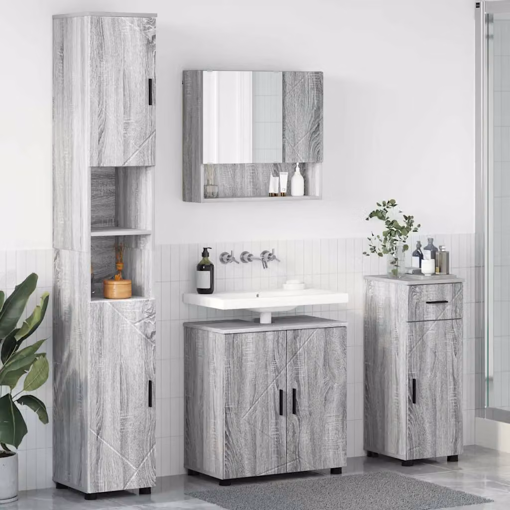 Set di mobili per il bagno moderno vidaXL composto da 4 pezzi in MDF, include base lavabo, armadietto con specchio, colonna e mobile laterale, L/P/H: 61 x 35 x 64 cm – 1