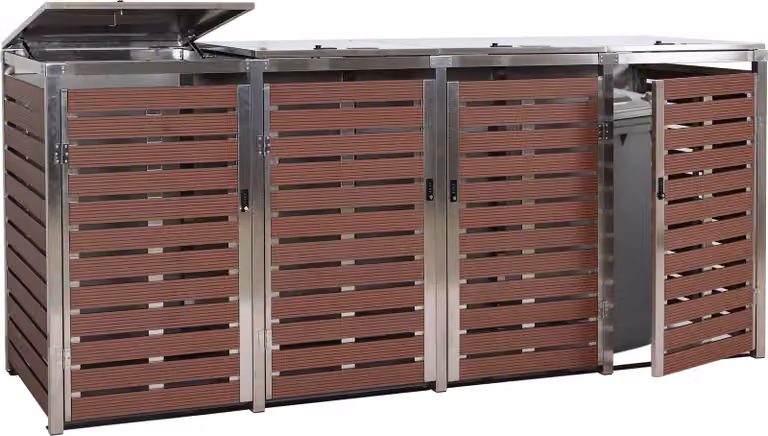 4 contenitori per rifiuti HWC-K14, contenitore per rifiuti, 120x264x85cm WPC acciaio inox 128kg ~ aspetto legno di noce