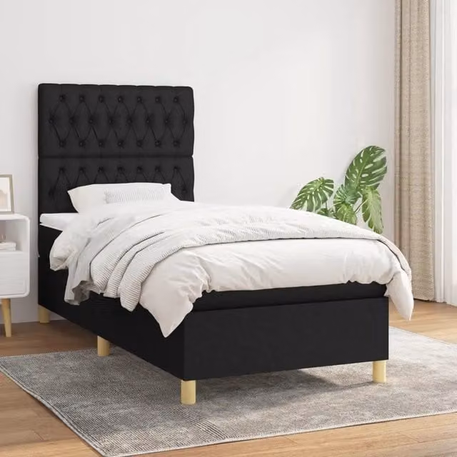 Letto Ibrido vidaXL con Giroletto a Molle e Materasso in Tessuto Nero e Bianco L/P/H: 90 x 200 cm – 1