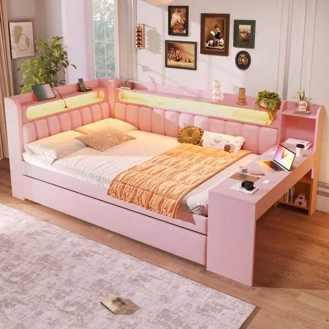 Letto imbottito rosa 140x200 con letto estraibile 90x190; scrivania integrata; LED e prese USB