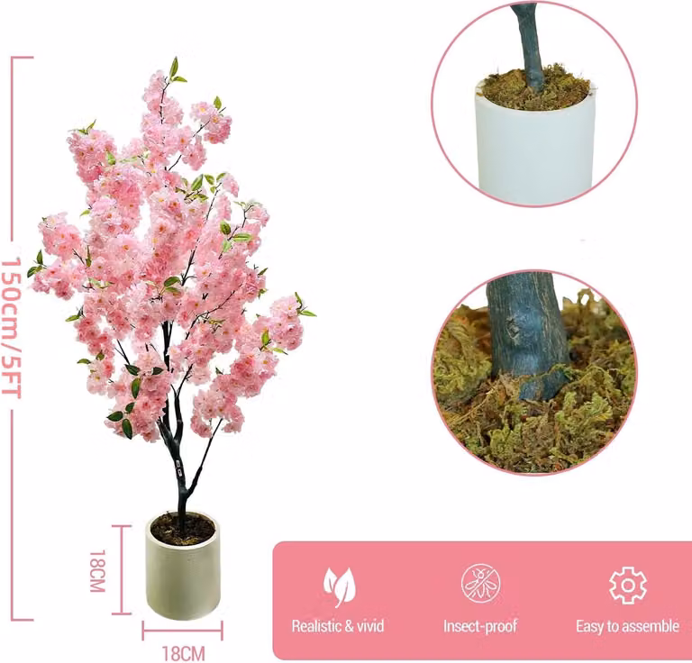 Albero di ciliegio in fiore artificiale - 150 cm in vaso - Realistico - Fiori in seta - Per interni, casa/ufficio - Rosa intenso