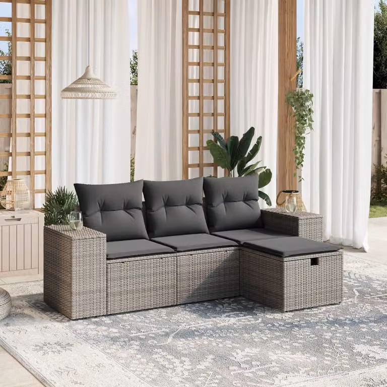 vidaXL Set Divani da Giardino a L 4 pz in Polyrattan Grigio con Cuscini Imbottiti e Coperture Rimosse