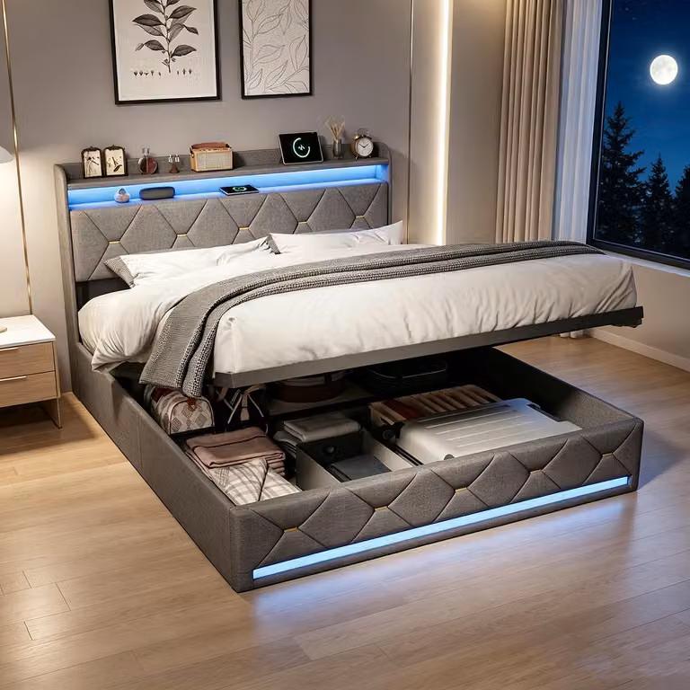 Letto matrimoniale con boxspring, imbottito, 140x200 cm, con LED e USB/C. Letto idraulico con spazio contenitore e testiera. Struttura del letto matrimoniale con rete a doghe, lenzuola, colore grigio