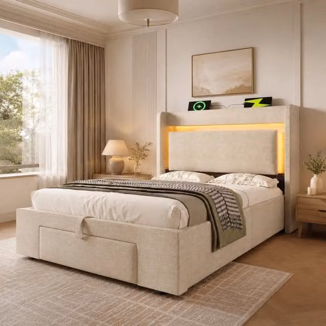 Letto contenitore 90x200 cm beige in lino, contenitore idraulico con LED e porte USB, senza materasso