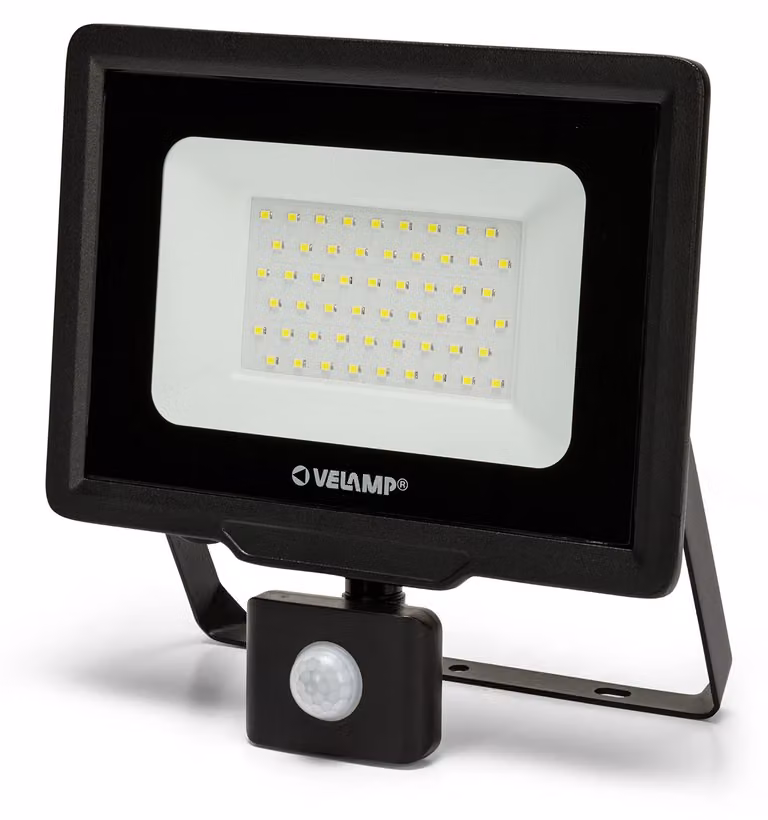 Fareto a LED da 50W, 4000 lumen, luce bianca fredda a 6500K, grado di protezione IP44, con sensore di movimento, colore nero