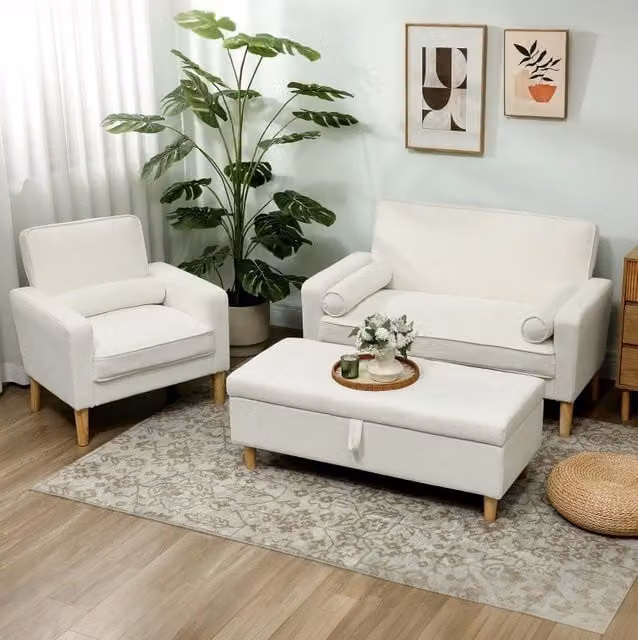 Divano 2 posti 130x74,5x82 cm crema con piedi in legno e schienale capitonné