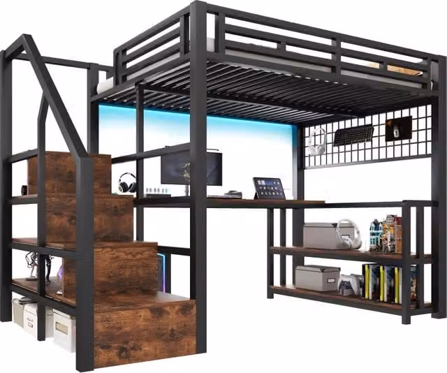 Letto a soppalco REDOM in metallo e MDF nero con scrivania, scaffale, scala, illuminazione LED e porta USB, L/P: 140 x 200 cm – 1