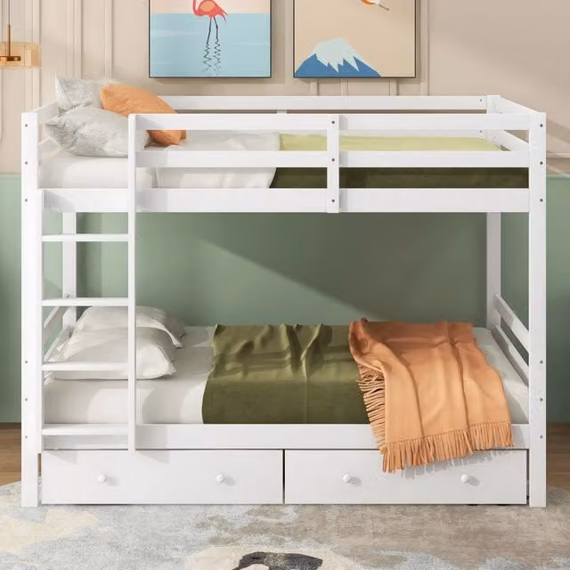 Letto a castello 140 x 200 cm con cassetti; scala e sponde alte; in pino e MDF bianco per cameretta