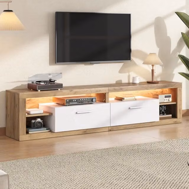 Mobile TV 180x35,5x50cm in truciolato, colore legno naturale e bianco. Con LED controllati da app, 2 cassetti e 4 vani aperti. Per TV fino a 75", portata 30kg