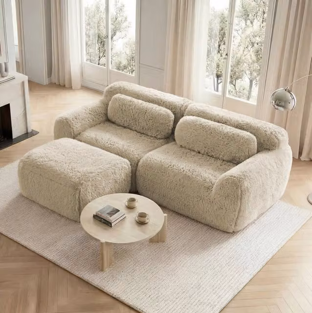 Divano modulare angolare 204x179x73 cm in tessuto plush cachi chiaro; senza montaggio