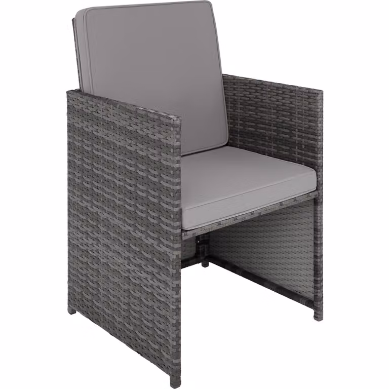 Set da giardino Palermo di TecTake GmbH in rattan grigio con struttura in metallo e piano in vetro, composto da 2 poltrone, 2 sedie e 1 tavolino