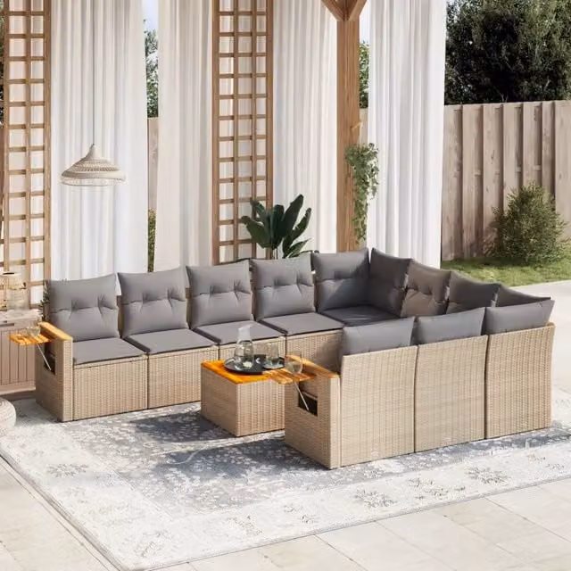 vidaXL Set Divani da Giardino 11 pz in Polyrattan con Cuscini Beige e Grigio per Terrazza e Giardino
