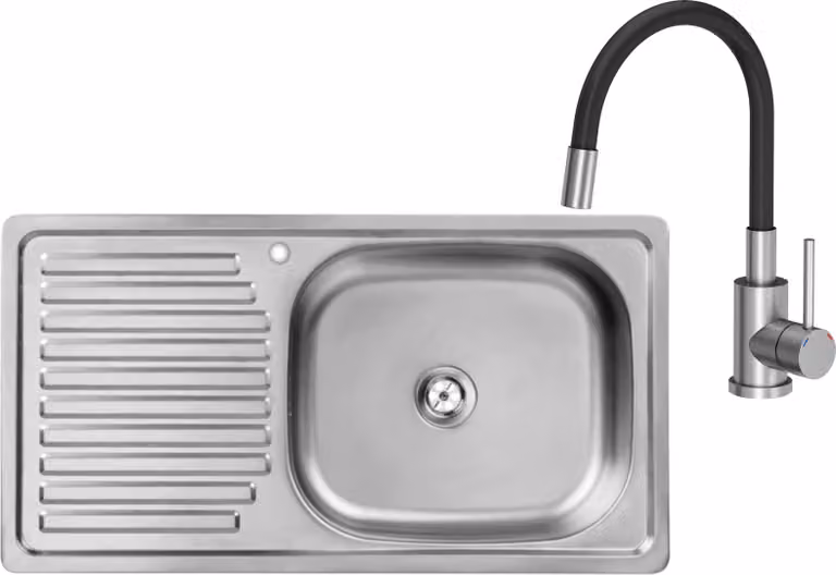 Lavello in acciaio inossidabile VBChome con miscelatore, dimensioni 75x40x14 cm. Lavello da cucina in acciaio inossidabile, superficie liscia, foro per il miscelatore sul lato sinistro, piano di scolo, sifone e miscelatore con erogatore flessibile