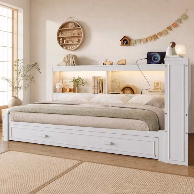 Letto da giorno ULEVR 90x200 cm con letto estraibile 90x190 cm, LED, presa, USB e Type-C, bianco