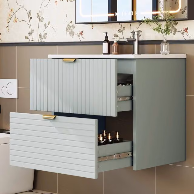 Desviae Mobile sottolavabo sospeso con lavabo integrato e 2 cassetti silenziosi in MDF laccato verde menta 61 × 46 × 57 cm