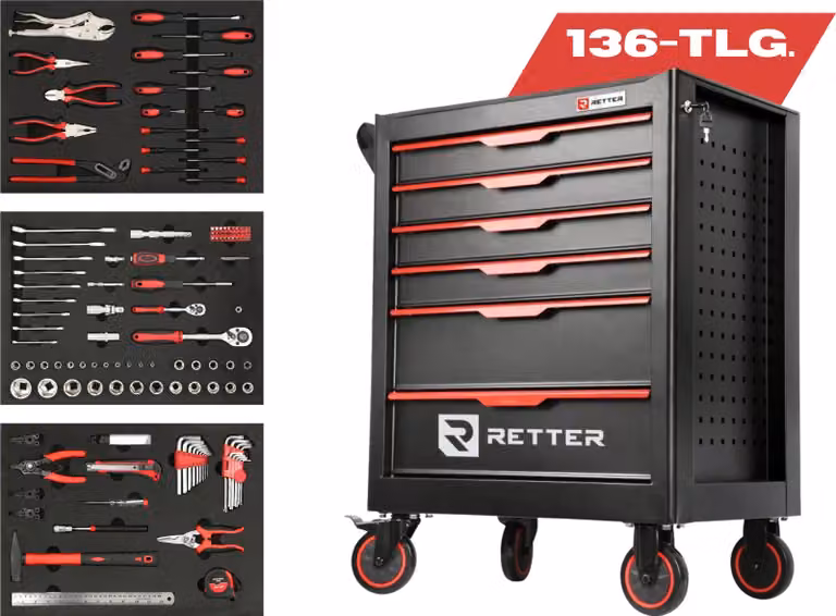 Carrello portautensili RETTER R1 27" con 6 cassetti e set di utensili da 136 pezzi nella cassetta degli attrezzi professionale – mobile e robusto