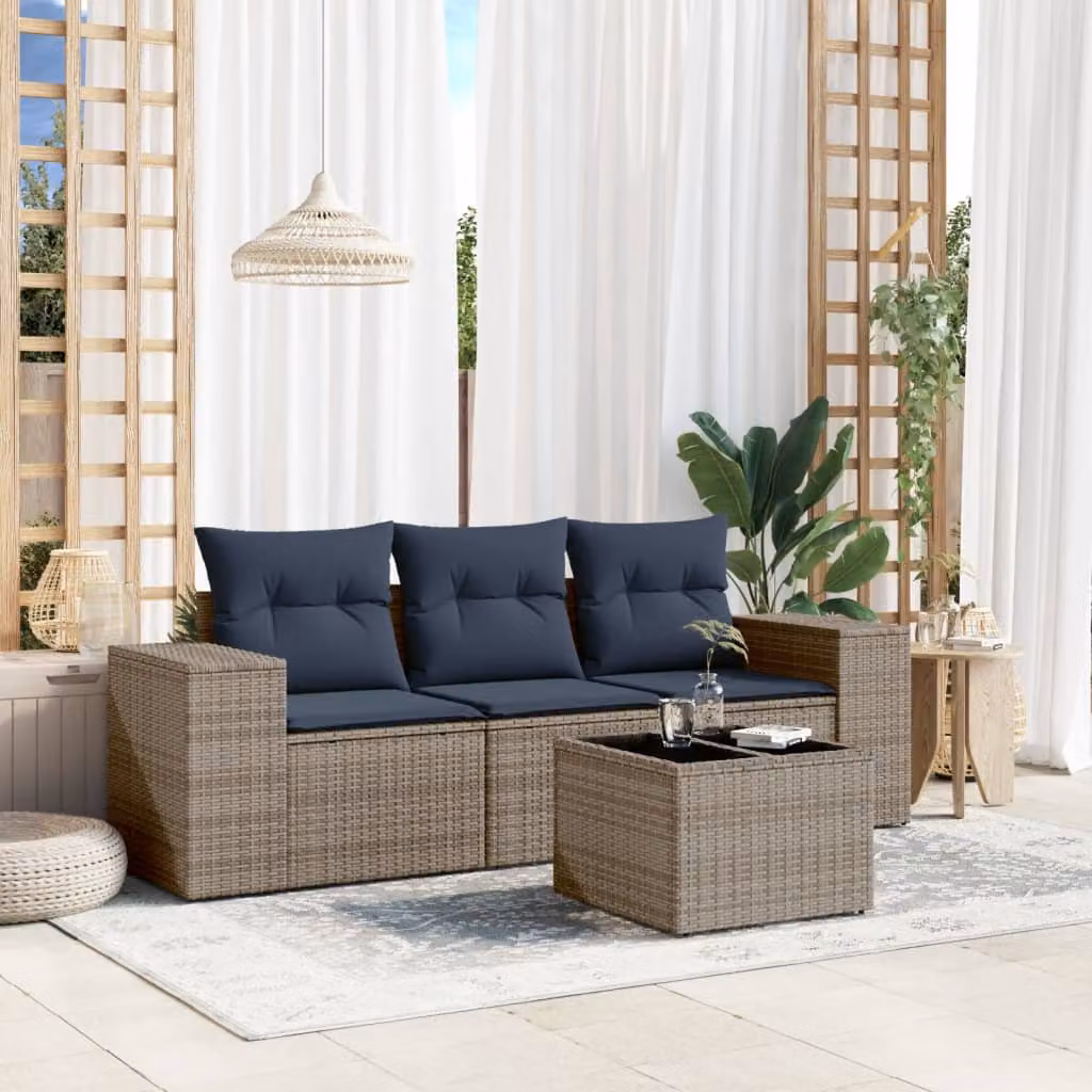 Set da giardino vidaXL in polyrattan grigio con cuscini, divano 3 posti, divano 2 posti, elemento angolare e tavolino da caffè