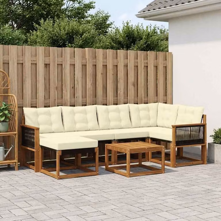 Set di divani da esterno vidaXL 7 pz in legno di acacia con cuscini beige e bianco, composizione a L con tavolino e pouf