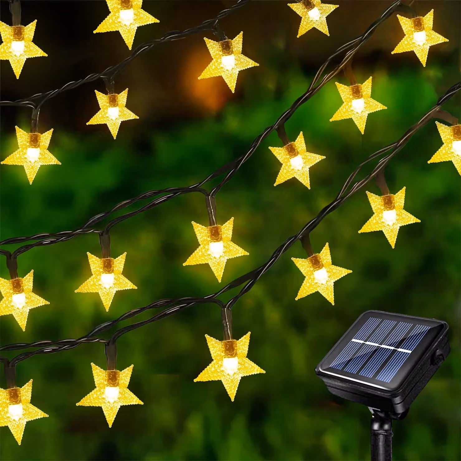 Catena luminosa a forma di stella, alimentata a energia solare, con 100 LED, lunghezza 10 metri, 8 modalità di illuminazione, grado di protezione IP65, luce bianco caldo