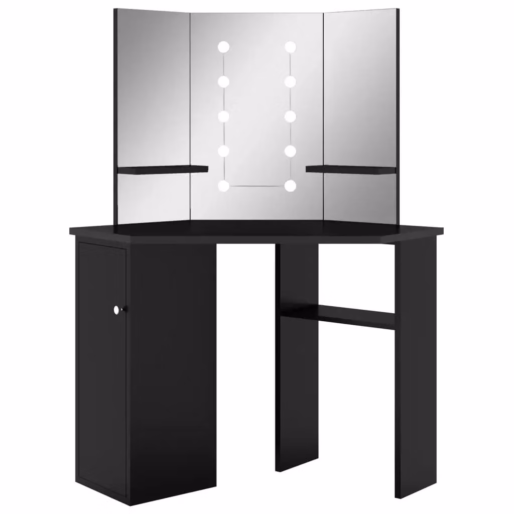 vidaXL Tavolino da Trucco Angolare con LED Nero L: 111 cm, P: 54 cm, H: 141,5 cm – 2