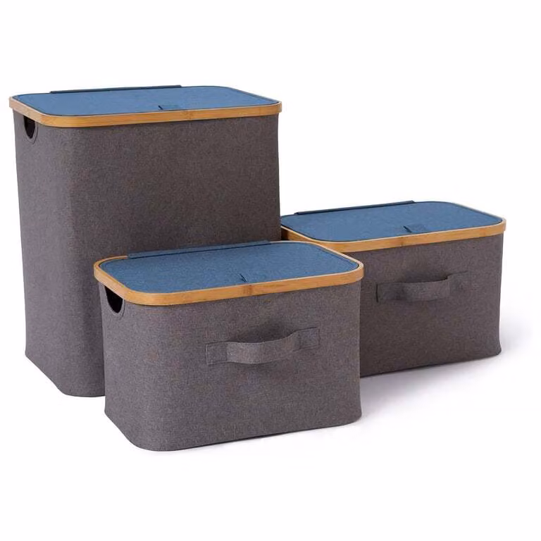 LUMALAND Scatola portaoggetti con cornice in bambù Rettangolare alta - Set da 3 - Grigio/Blu