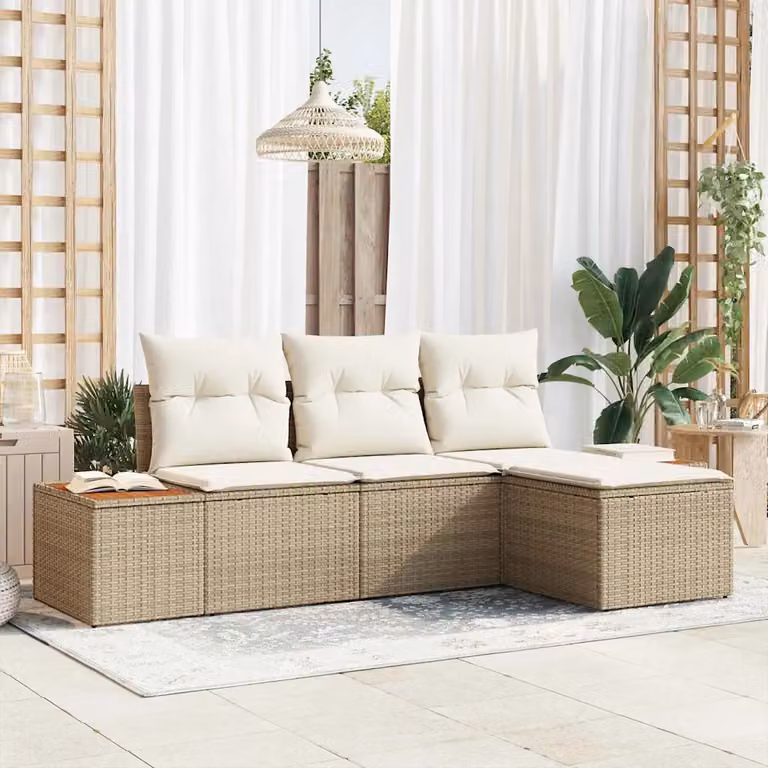 Set Divano da Giardino a L vidaXL 4 pz Beige con Cuscini e Ottoman in Polyrattan e Metallo