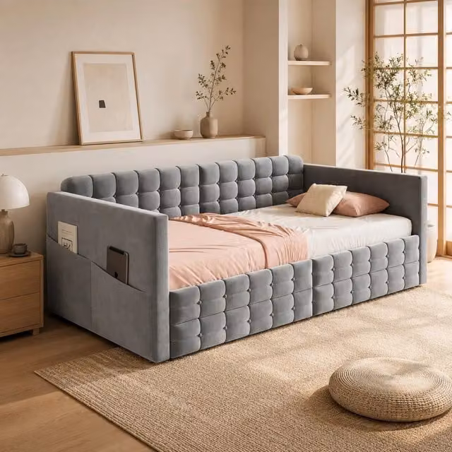 Letto imbottito 90x190 cm con tasche laterali e cassetti in velluto grigio