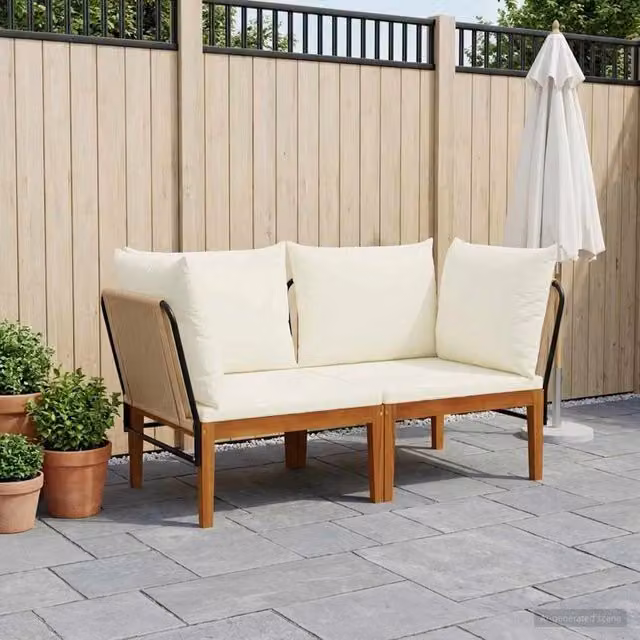 Divano angolare da esterno a 2 posti vidaXL in legno di acacia con cuscini beige e bianco – 1