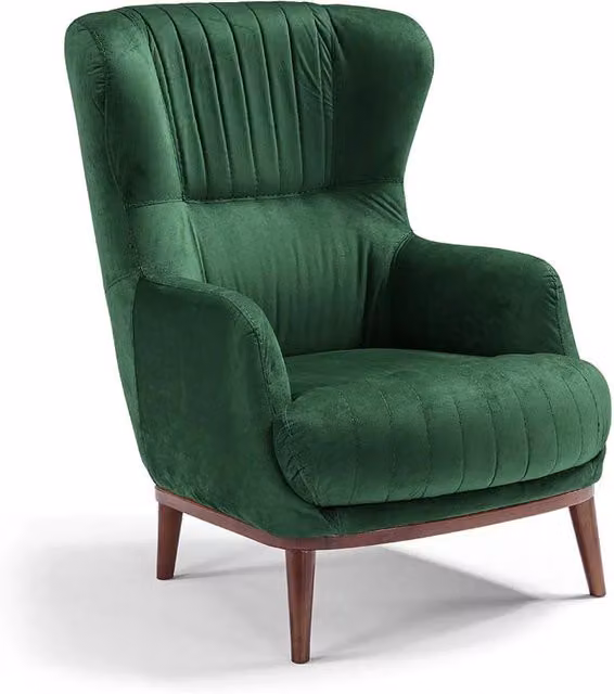 Poltrona da camera CAREZZA MADE IN ITALY, stile vintage, tessuto velluto antimacchia e idrorepellente, piedi in legno finitura noce, ideale per soggiorno, camera, studio, hotel e bar, colore Verde Smeraldo