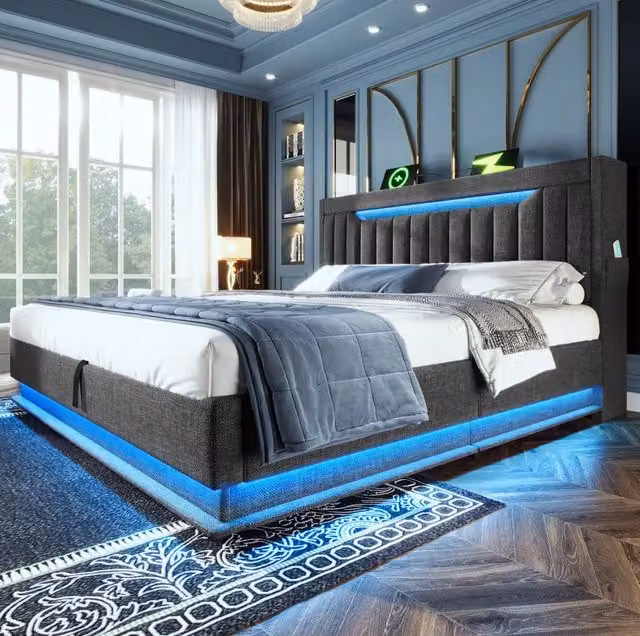 Letto matrimoniale imbottito 180x200 cm con contenitore; LED e USB C; lino grigio