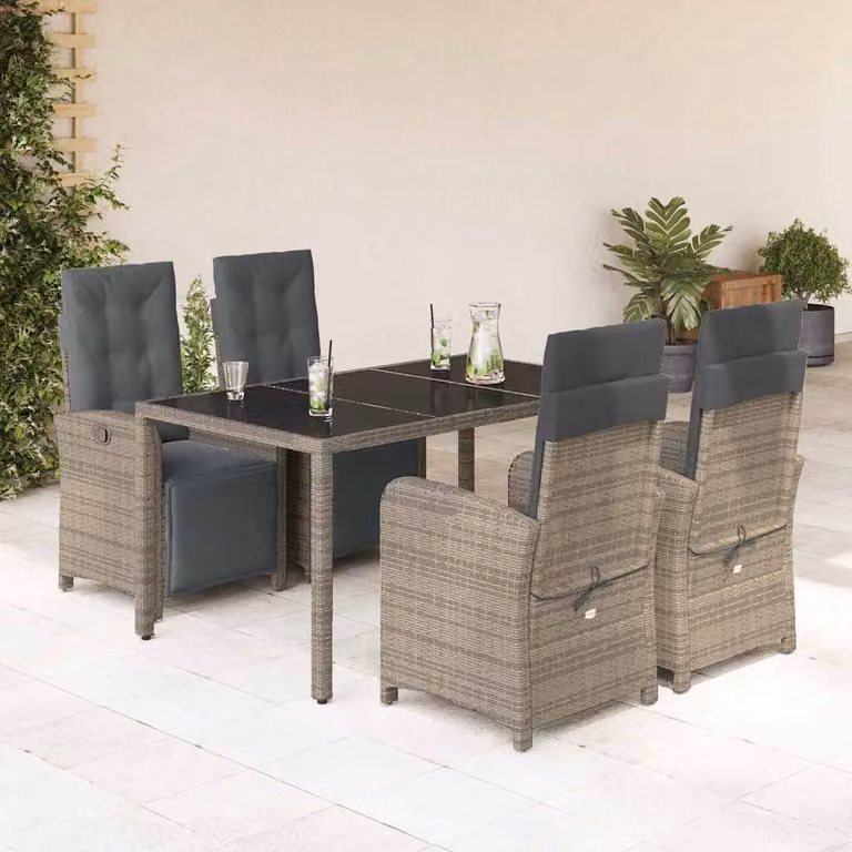 Set da pranzo da giardino vidaXL in polyrattan grigio con cuscini e tavolo in vetro per balcone e giardino