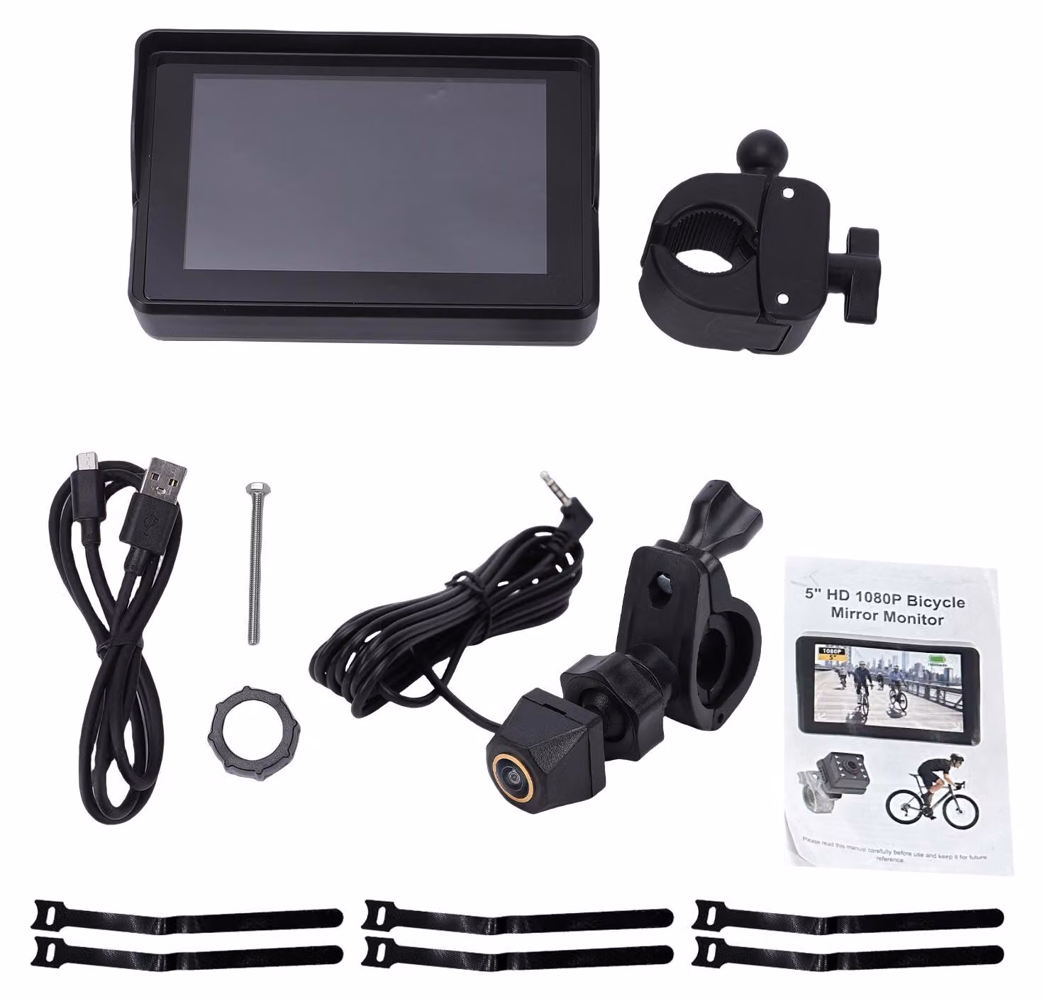 Specchietto retrovisore da manubrio, telecamera posteriore per bici da 1080p con monitor da 5 pollici, visione notturna, grandangolo da 110° per mountain bike e bici da corsa
