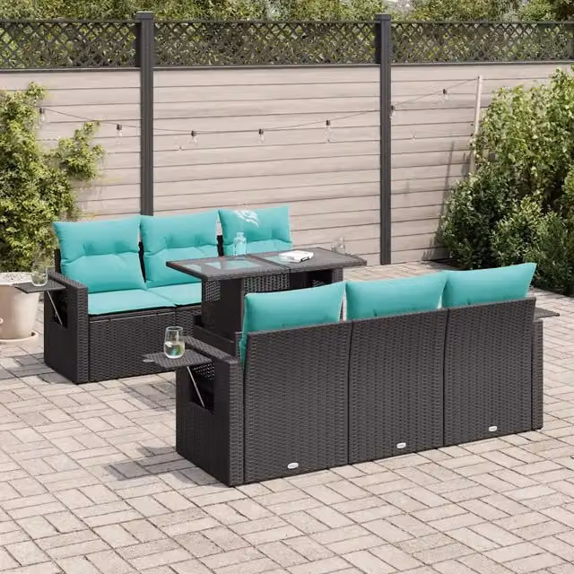Set Divani Giardino 7 pz con Cuscini Nero Polyrattan Acacia 3326418