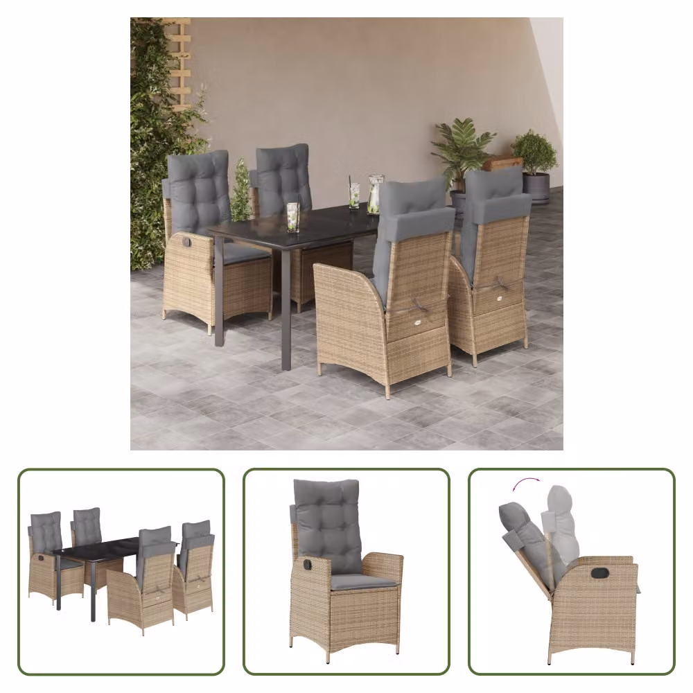 The Living Store Set da pranzo da giardino 5 pezzi con cuscini Beige poly rattan