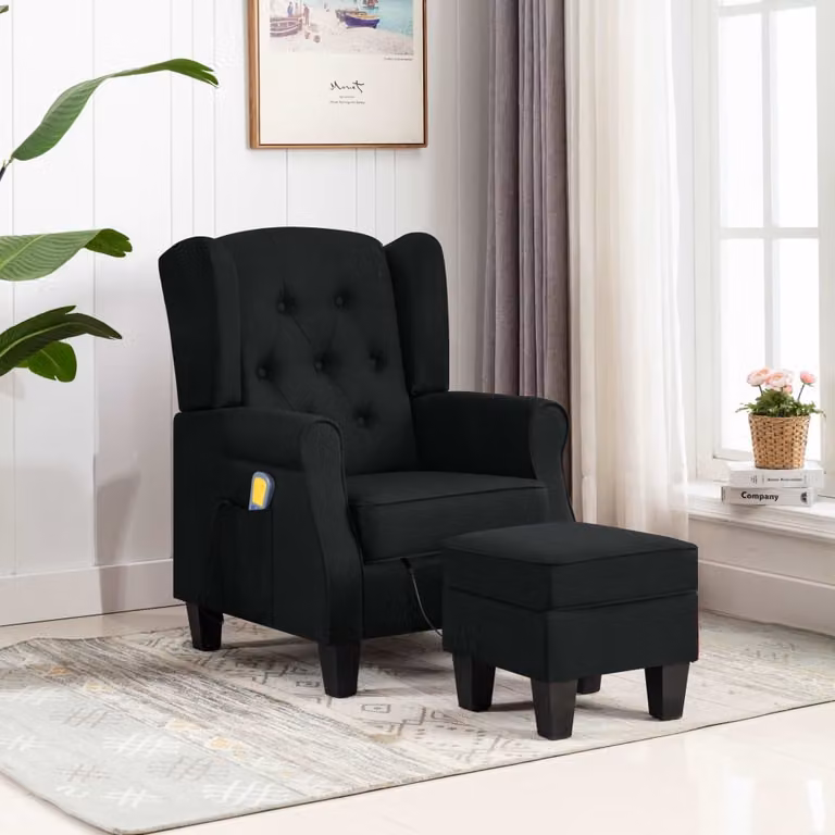 The Living Store Sedia da massaggio con sgabello in tessuto nero