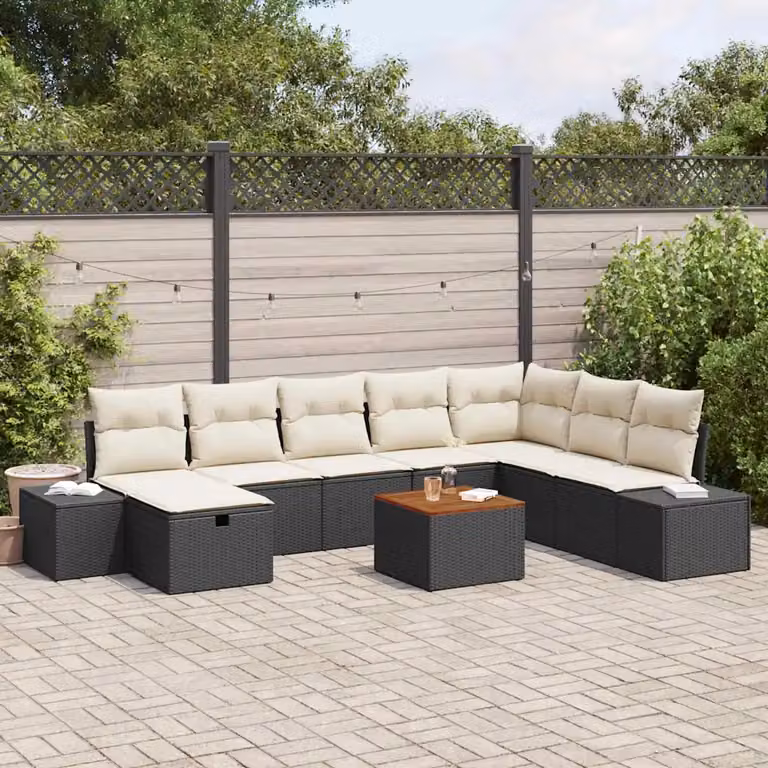 Set Divano da Giardino vidaXL in 9 Pezzi in Polyrattan Nero con Cuscini e Tavolino da Caffè