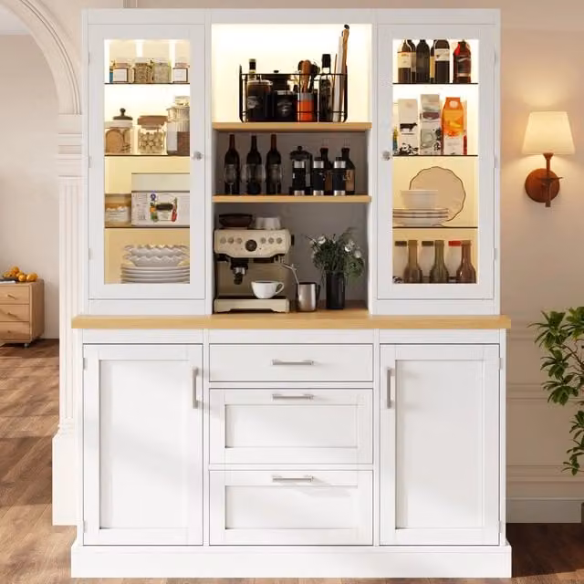Credenza alta da cucina con 3 cassetti, ripiani regolabili e LED RGB, per cucina e soggiorno, 140 × 40 × 185 cm