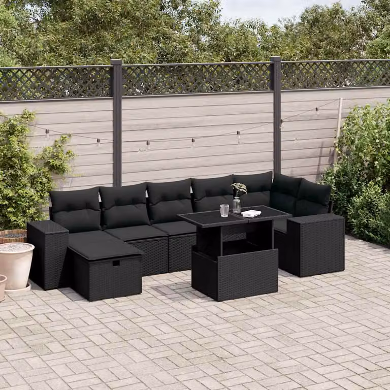 Set di divani da giardino vidaXL a forma di L in polyrattan nero con 8 pezzi e cuscini inclusi