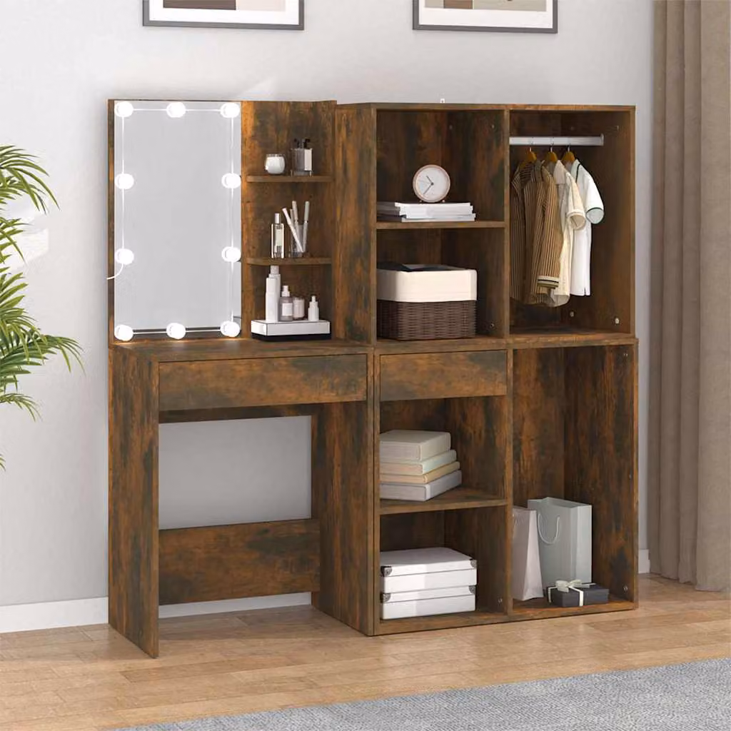vidaXL Toeletta Hollywood con LED e Armadietti in Legno Multistrato Marrone L: 140 cm, P: 40 cm, H: 60 cm – 1
