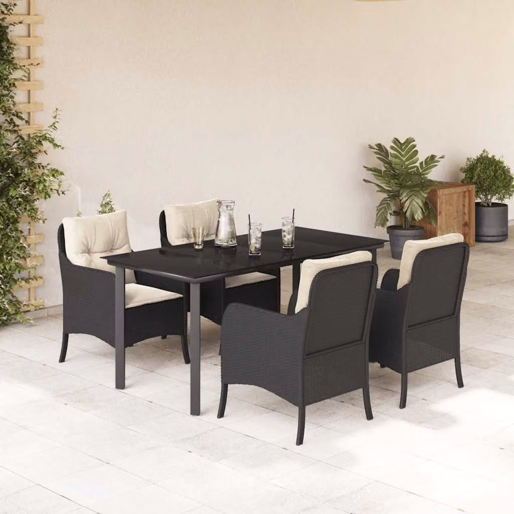 Set da Pranzo da Giardino vidaXL in Polyrattan Nero con Cuscini e Tavolo in Vetro – 1