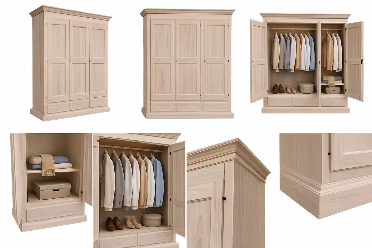 Armadio classico Mobili 2G con 3 ante e 3 cassetti in legno grezzo, L: 182 cm, P: 61 cm, H: 221 cm – 2