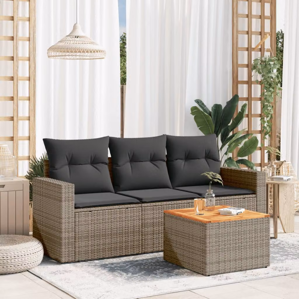 vidaXL Set Divani da Giardino 4 pz con Cuscini e Tavolino, Polyrattan e Acciaio, Grigio e Marrone – 1