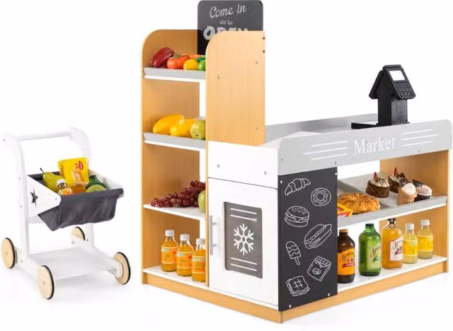 Set da gioco supermercato in legno con carrello della spesa, 2 lavagne e registratore di cassa, Banco di mercato per bambini Bianco – 1