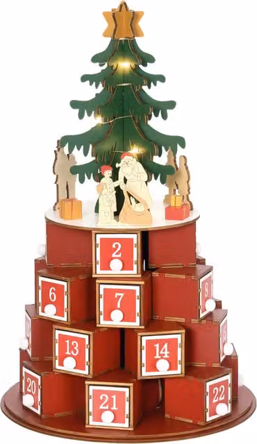 Calendario dell'Avvento di Natale a Cono HOMCOM con Motivi a Tema e 10 Luci a LED in Compensato, Colori Rosso, Verde e Giallo, L/P/H: 22 x 22 x 35 cm – 1