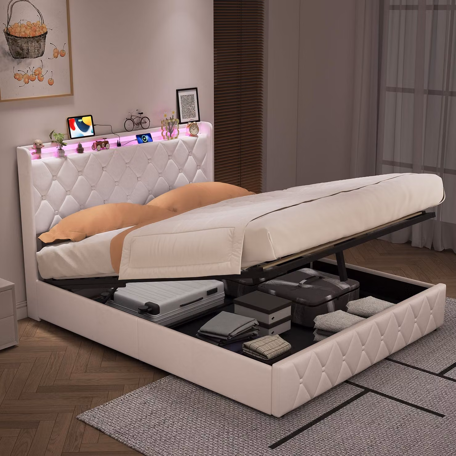 Letto matrimoniale ProximaX, 140x200 cm, beige, in velluto, con illuminazione LED, porta USB-C e spazio contenitore con sistema idraulico
