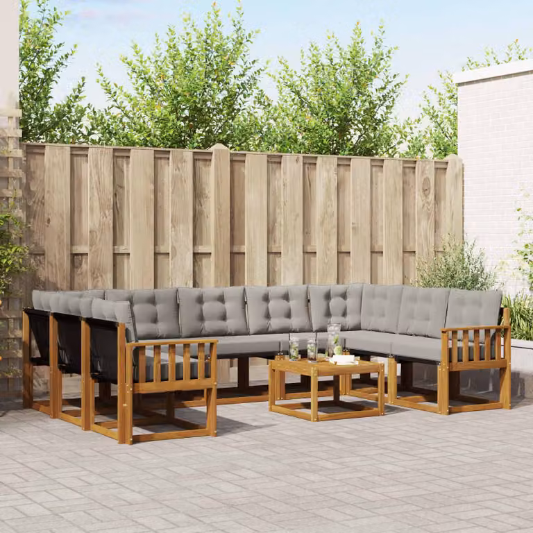 vidaXL Set di divani da esterno a L in legno di acacia con tavolino e cuscini, Grigio